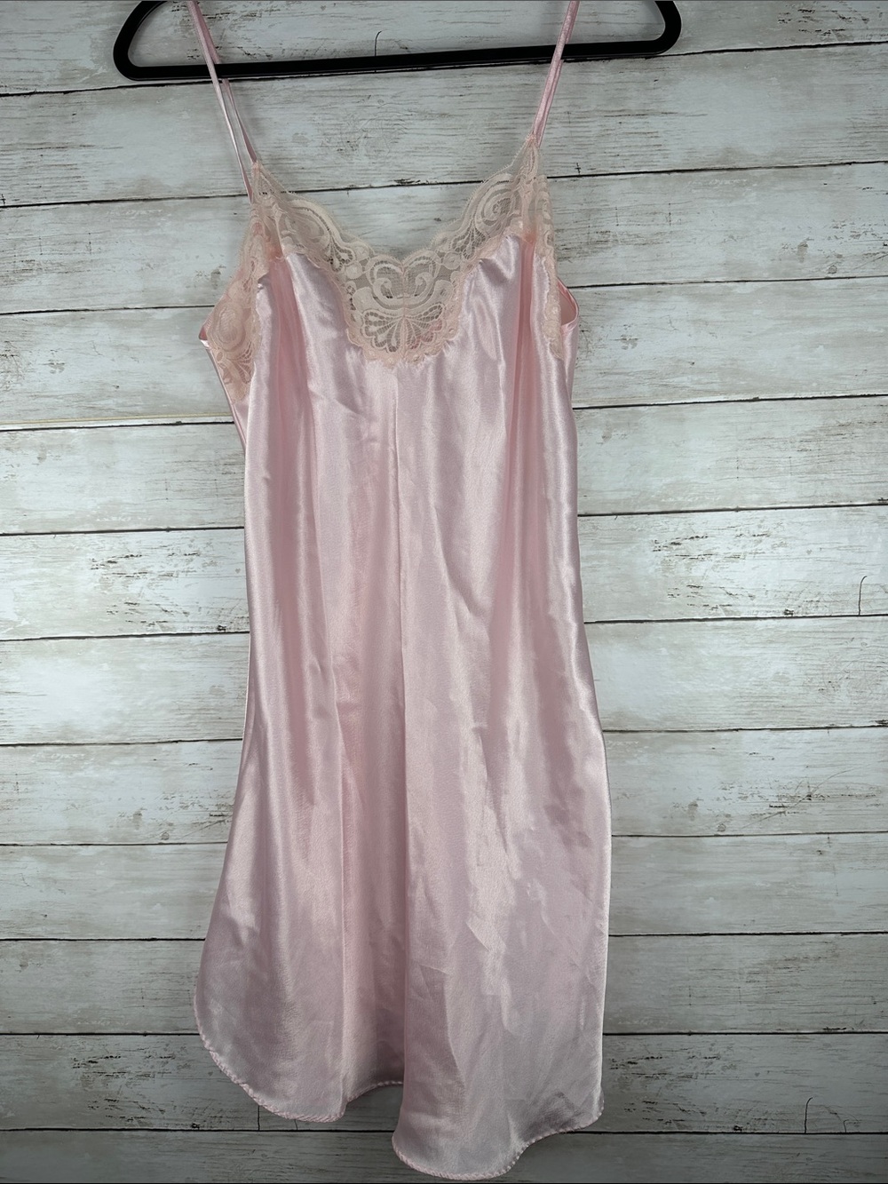 Vintage 80s 90s Laura Adams Light Pink Satin Lace Trim Slip Nightgown Medium